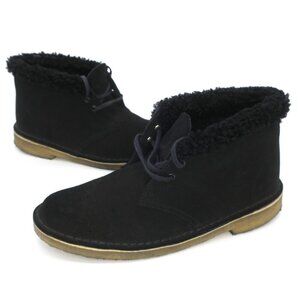 Clarks Desert Boots Wool Lined Fuzzy Black Suede Ankle Chukka Lace-up Womens 8.5
